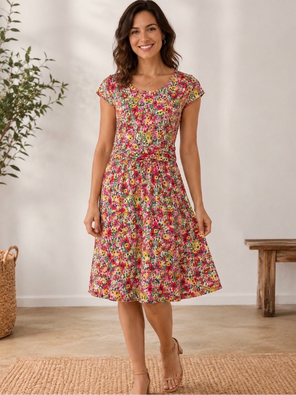 Boden Amelie Floral Jersey Dress Multicolor Fit & Flare UK 12P US 8P Petite